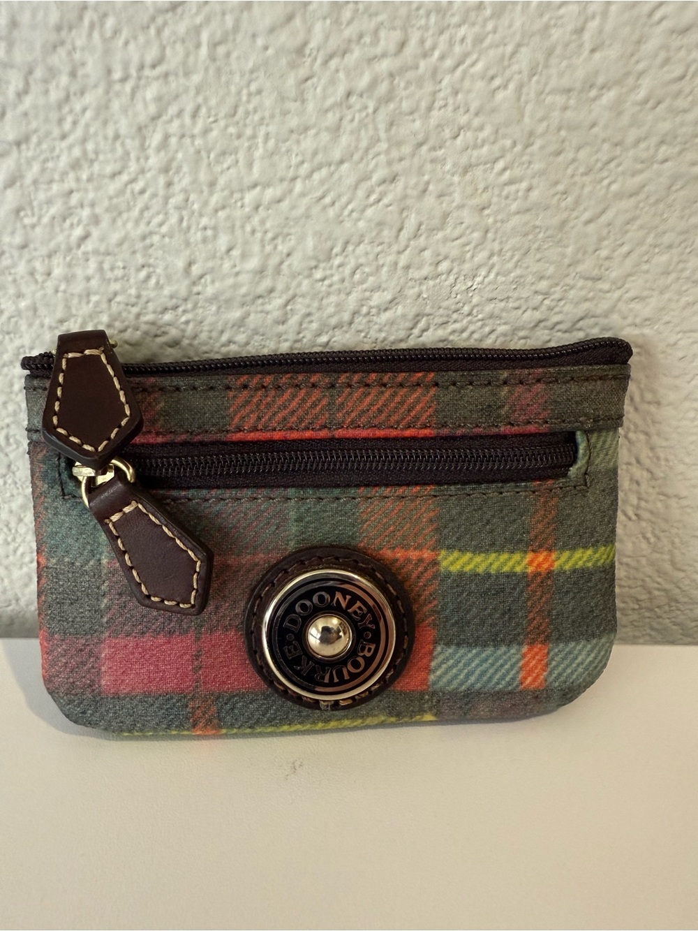 Dooney & Bourke Plaid Coin Pouch in Green, Red, Yellow & Brown